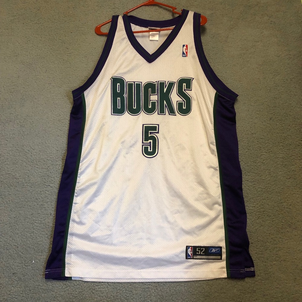 Vtg 90s Milwaukee Bucks Tim Thomas Reebok NBA Jersey White Purple Size 52 XXL‎